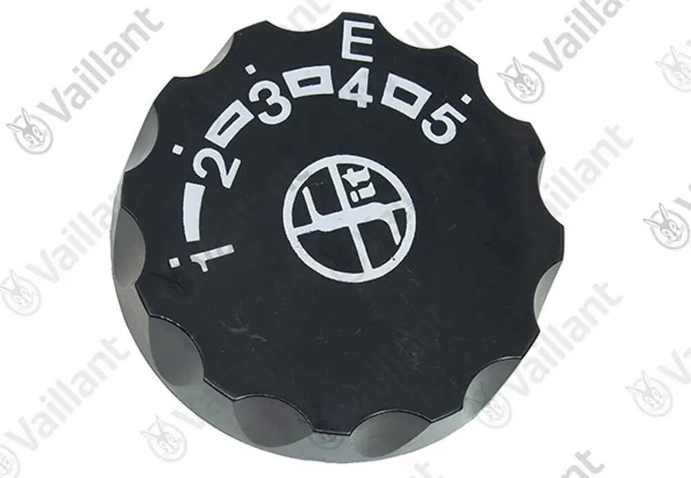 Schwarzer Drehknopf mit Ziffern von 1 bis 5 und der Buchstabe E in der Mitte. Logo von Vaillant im Zentrum des Knopfes.